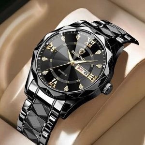 Binbond Cutting men’s watch night light dual calendar watch men’s quartz watch diamond ceiling glass-Black