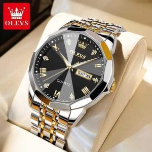 OLEVS 9931 Stainless Steel Mens Luxury Watch – Black dial golden chain