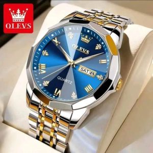 OLEVS 9931 Stainless Steel Mens Luxury Watch – Blue dial golden chain