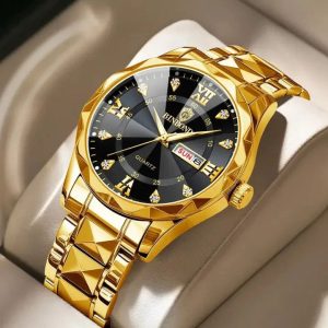 Binbond Cutting men’s watch night light dual calendar watch men’s quartz watch diamond ceiling glass- Golden & Black