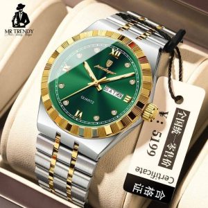 POEDAGAR Luxury Watch Sport Luminous Date Man Clock- Green with Golden Premium