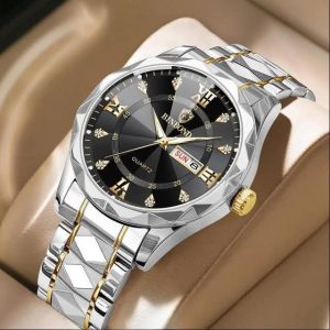 Binbond Cutting men’s watch night light dual calendar watch men’s quartz watch diamond ceiling glass- Silver & Black