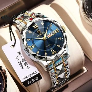 Binbond Cutting men’s watch night light dual calendar watch men’s quartz watch diamond ceiling glass- Silver & Blue